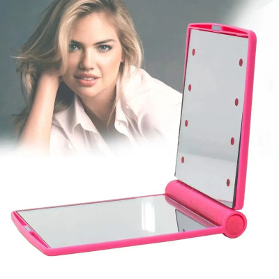 Мини зеркало для макияжа сложное Travel Mirror Pink, Карманное зеркало с LED-подсветкой на 8 светодиодов